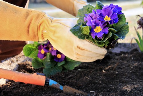 Gardening service van and team preparing for work