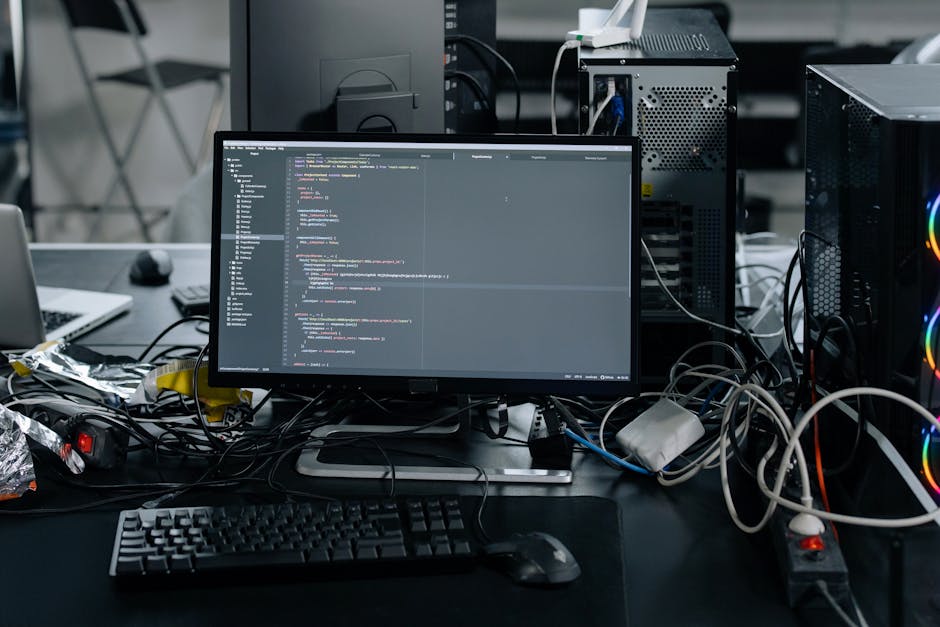 A cluttered workspace featuring a computer monitor displaying lines of code, surrounded by tangled cables, a keyboard, and a mouse. To the left, a silver laptop is partially visible, with some electro